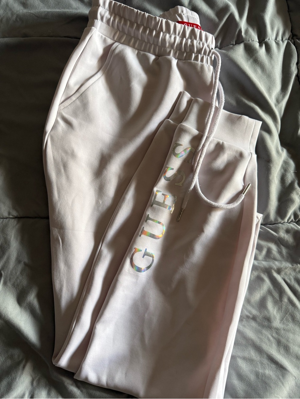 GUESS White Jogger Sweatpants with Holographic Logo